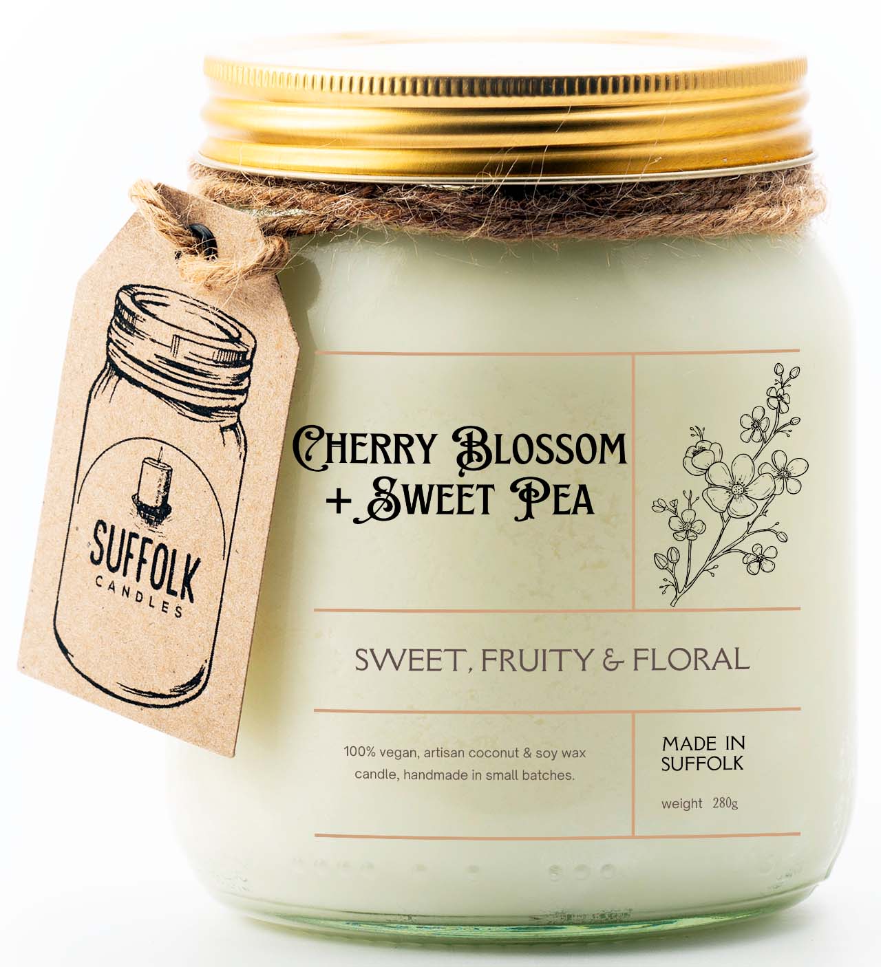 Cherry Blossom & Sweet Pea Scented Candle Jar | Floral Scent of Sweet Pea, Muguet, Jasmine and Fresh Lemon