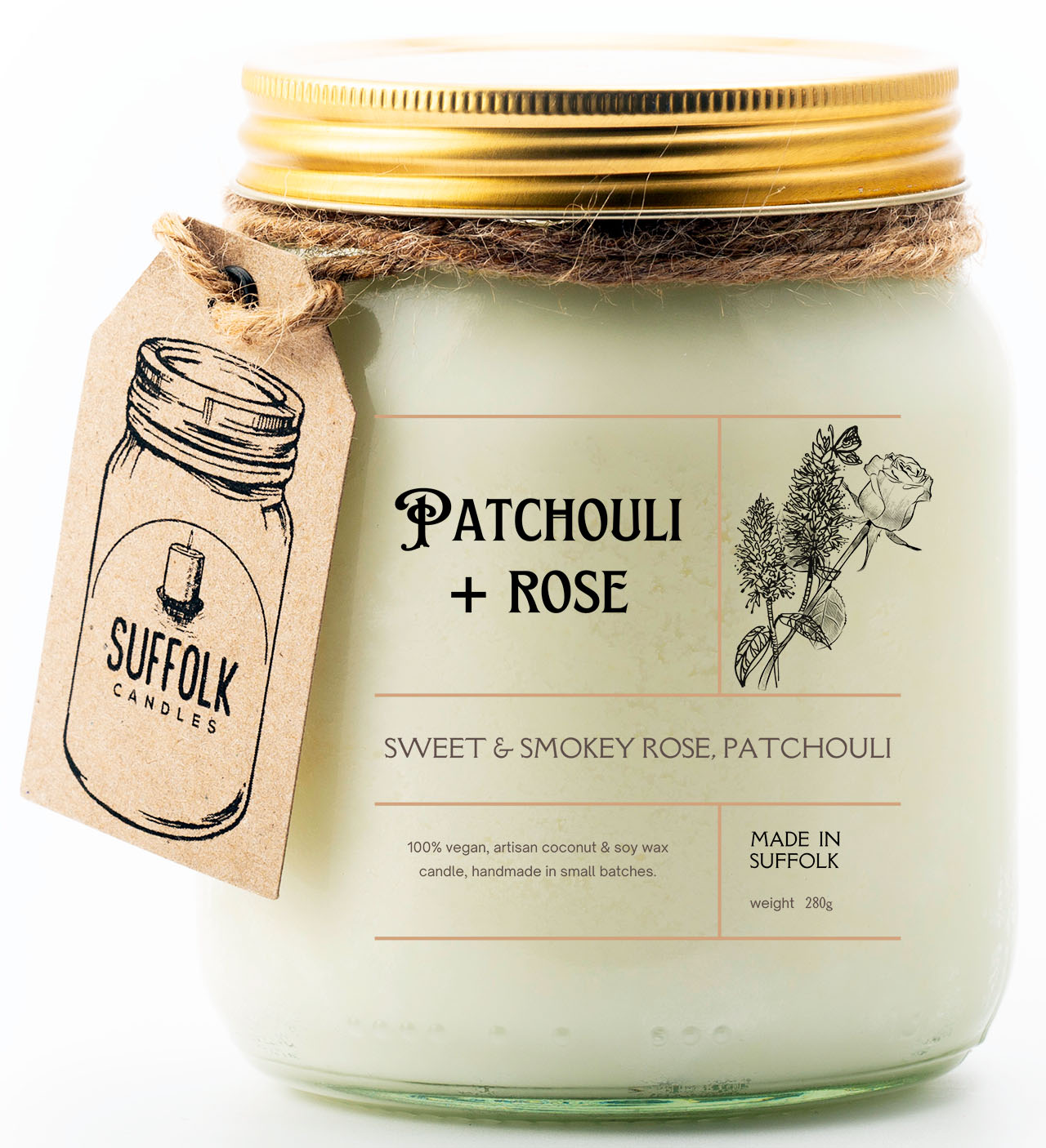 Patchouli & Rose Scented Candle Jar | Uplifting Scent of Rose, Sweet & Smokey with Earthy Patchouli
